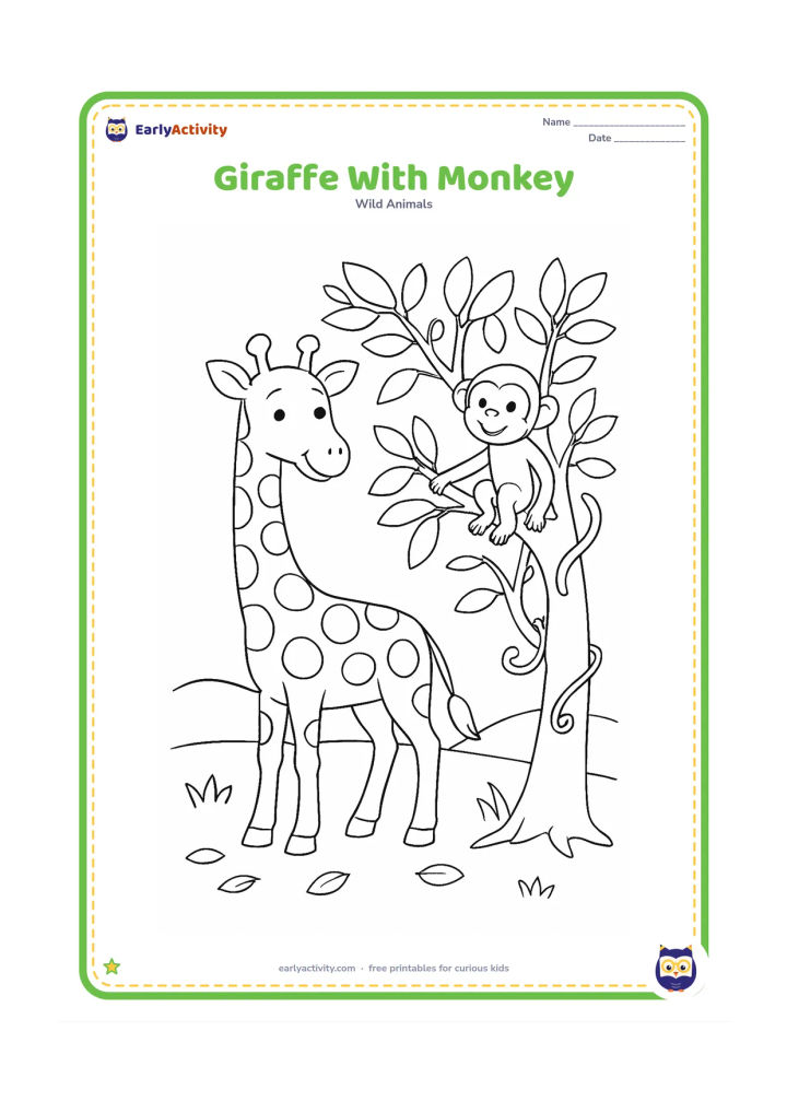 Colouring page: A giraffe stands beside a leafy tree while a smiling monkey sits on a low branch above its shoulder. Include vines, grass, a few fallen leaves and a distant hill.