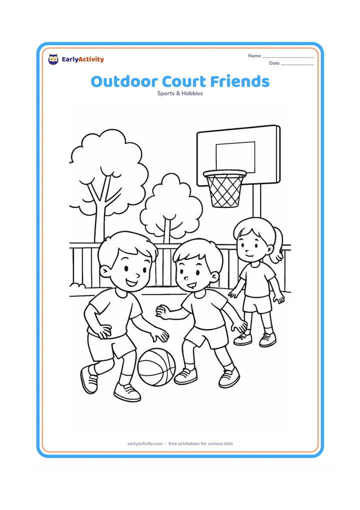 Colouring page: Three friends play basketball on an outdoor court beside a low fence, with one child dribbling, one defending, and one waiting near the hoop. Add a few leafy trees.