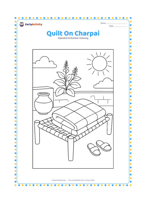 Colouring page: A folded quilt lies across a woven charpai in a sunny Indian courtyard. Add a clay pot, a low wall, a leafy tulsi plant, and a pair of simple sandals.
