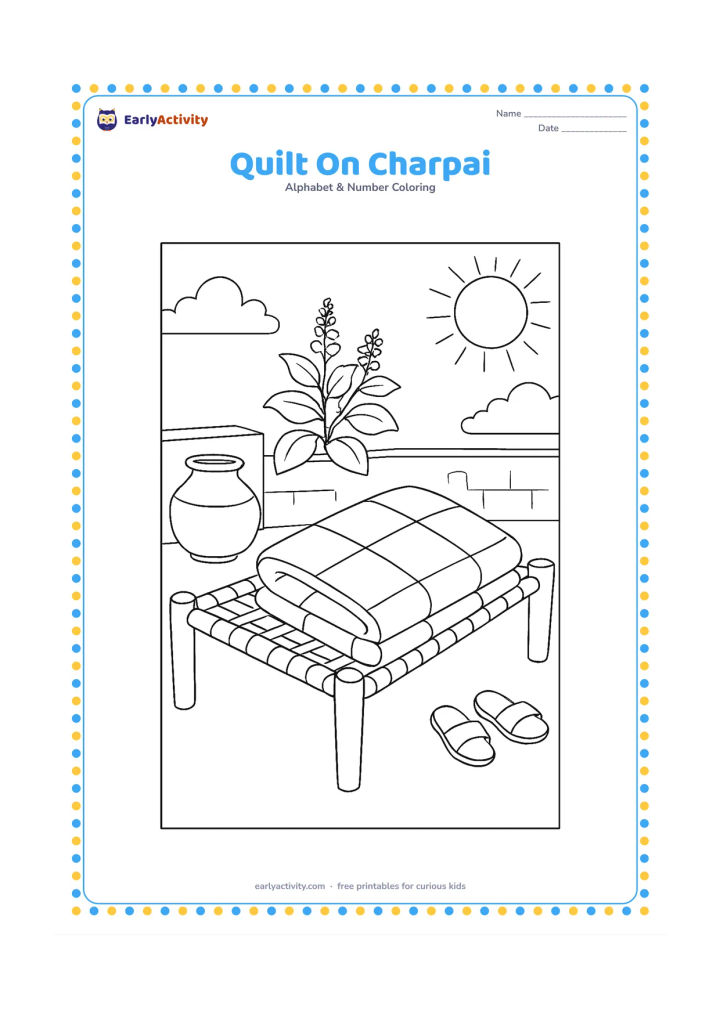 Colouring page: A folded quilt lies across a woven charpai in a sunny Indian courtyard. Add a clay pot, a low wall, a leafy tulsi plant, and a pair of simple sandals.