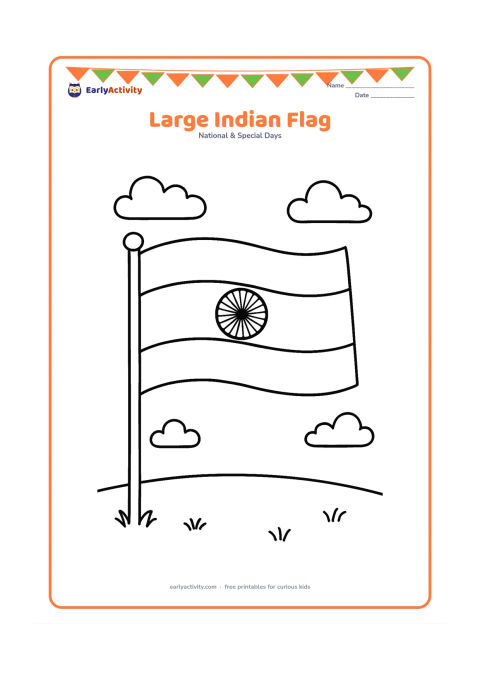 Colouring page: Draw one large Indian national flag waving from a short pole, with three horizontal bands and a clear 24-spoke Ashoka Chakra in the centre. Add a few simple clouds and a grassy ground…