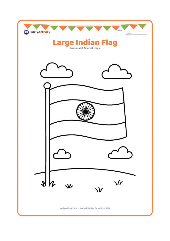 Colouring page: Draw one large Indian national flag waving from a short pole, with three horizontal bands and a clear 24-spoke Ashoka Chakra in the centre. Add a few simple clouds and a grassy ground…