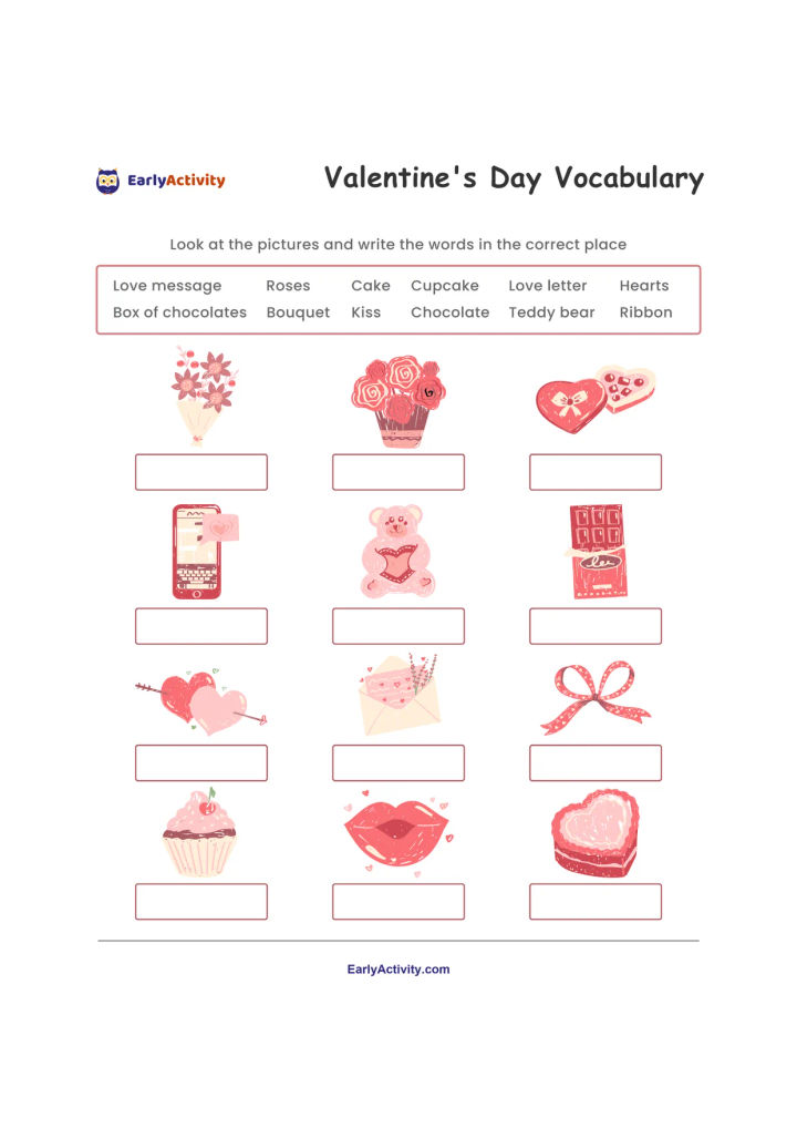 Vocabulary worksheet with a Valentine’s Day word bank and 12 pictures, including flowers, sweets, a teddy bear, hearts, a letter and a ribbon.