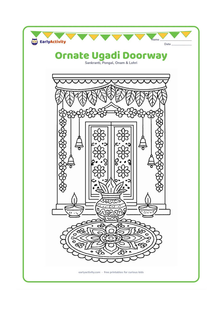 Colouring page: A front entrance is richly decorated with layered mango-leaf torans, flower garlands, hanging bells, diyas, a kalash and an intricate rangoli across the threshold.