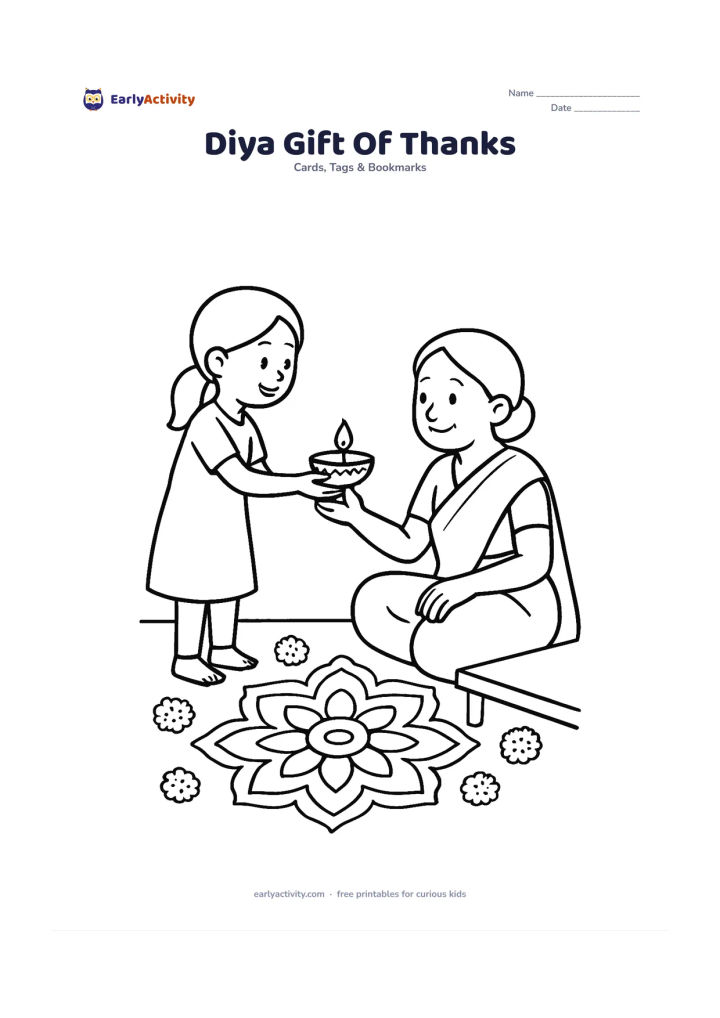 Worksheet: A child gives a small decorated diya to an older family member seated near a low table, with a few simple marigold flowers and a rangoli pattern around them. Leave a calm empty message…
