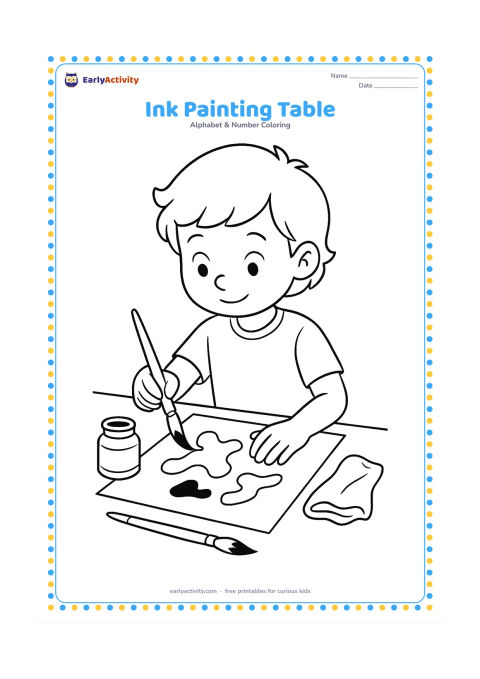 Colouring page: Draw a child seated at a table using a brush and ink to make broad abstract shapes on a blank sheet. Include an open ink bottle, a second brush, and a cloth.