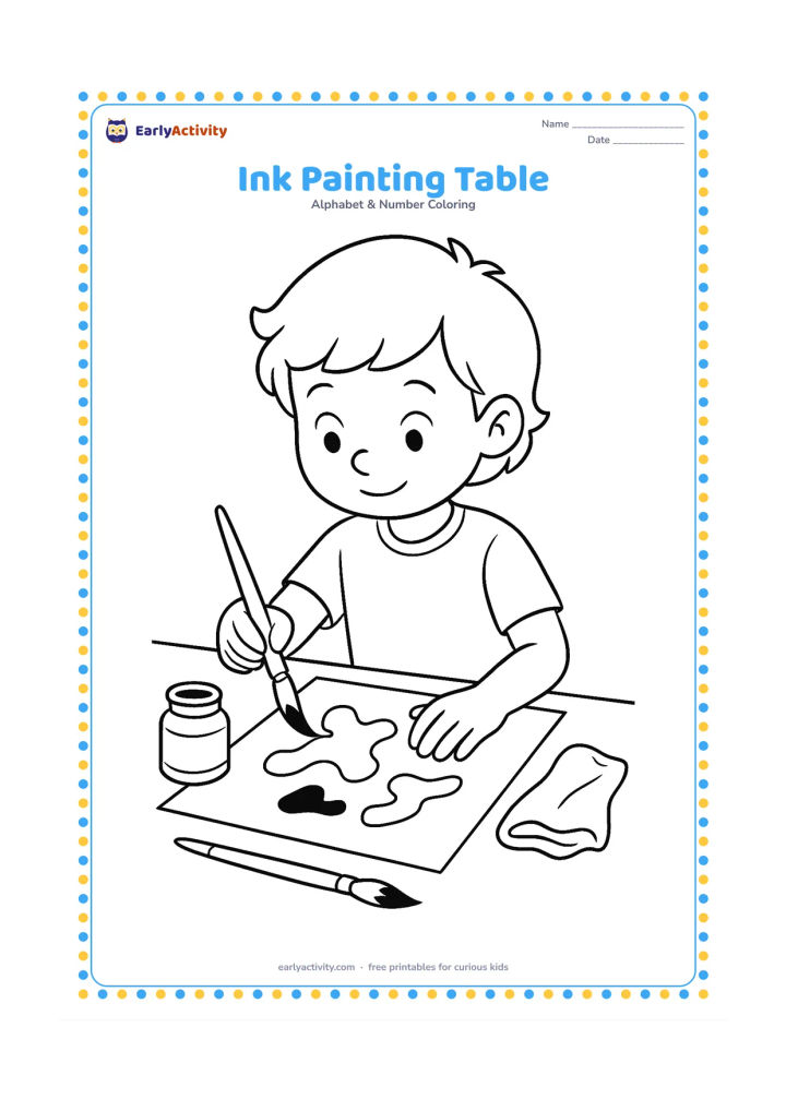 Colouring page: Draw a child seated at a table using a brush and ink to make broad abstract shapes on a blank sheet. Include an open ink bottle, a second brush, and a cloth.
