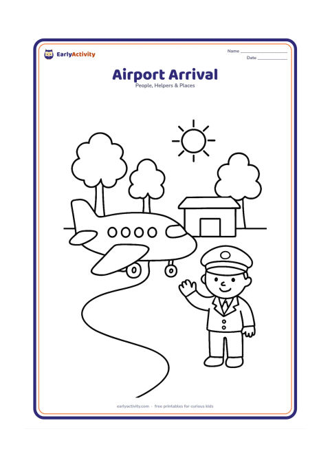 Colouring page: A passenger aeroplane has arrived at a simple terminal, while a pilot stands nearby and waves. Include a few large trees, a sun and a short path from the plane to the building.