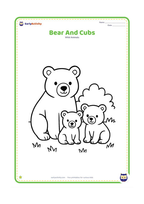 Colouring page: A mother bear sits beside two small cubs; all three face forward in a grassy clearing with one bush.