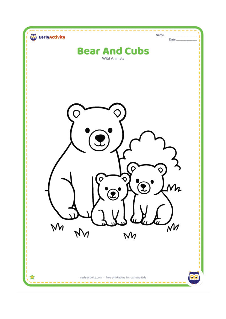Colouring page: A mother bear sits beside two small cubs; all three face forward in a grassy clearing with one bush.