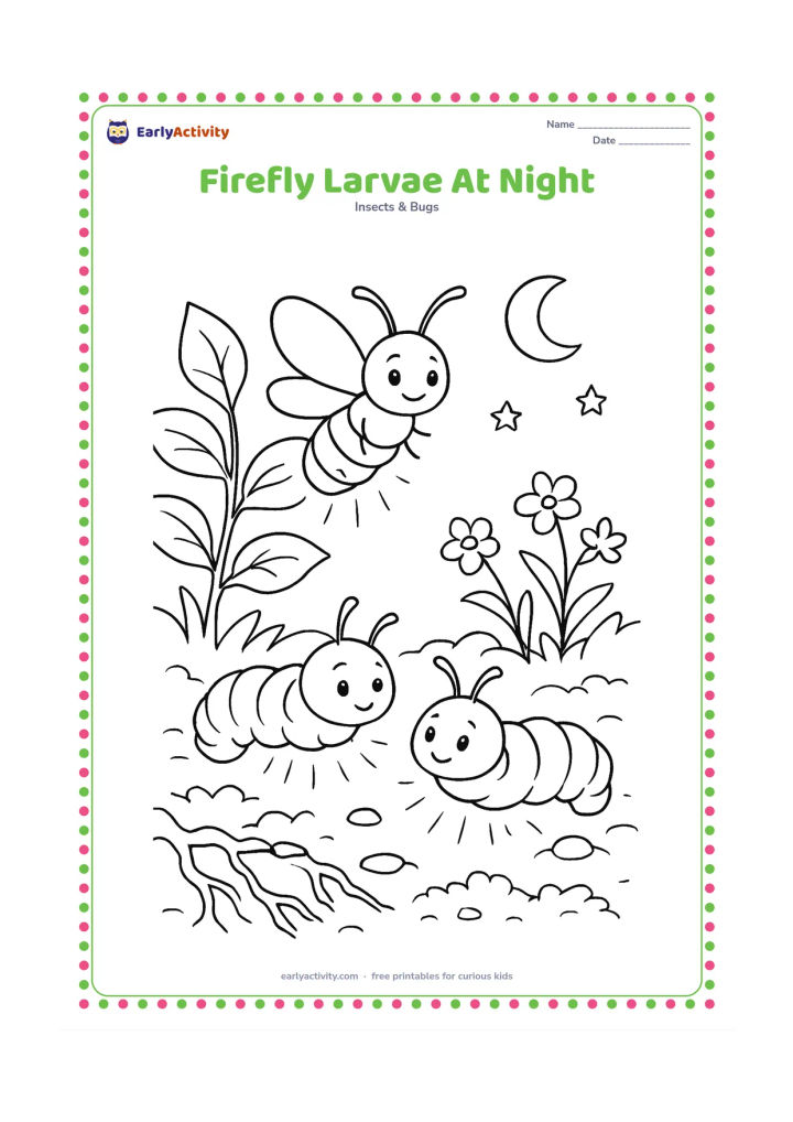 Colouring page: Draw two friendly glowing firefly larvae moving near the ground beneath a leafy plant, with one adult firefly above them. Add moss, small stones, roots, and a few low flowers in a…