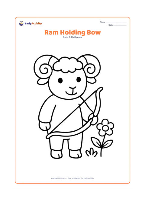Colouring page: Ram stands calmly holding a large curved bow at his side, with one flower and a small leafy plant nearby. Show the bow clearly without any arrows in flight.