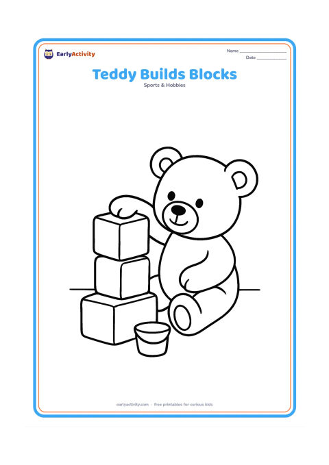 Colouring page: A seated teddy bear places one large toy block on top of two other blocks. Add a small toy bucket and a simple floor line.