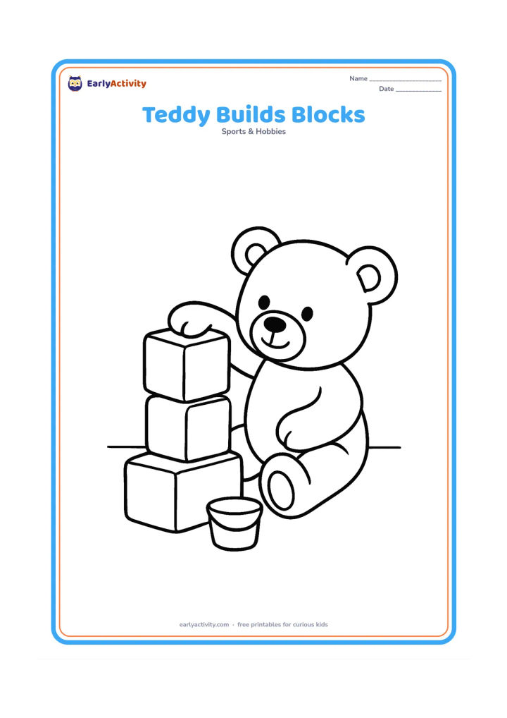 Colouring page: A seated teddy bear places one large toy block on top of two other blocks. Add a small toy bucket and a simple floor line.
