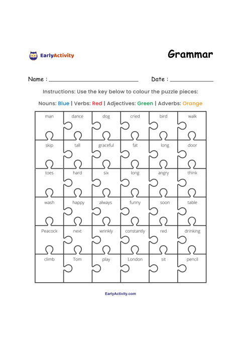 Grammar worksheet with a jigsaw grid of words. Children colour nouns blue, verbs red, adjectives green and adverbs orange.