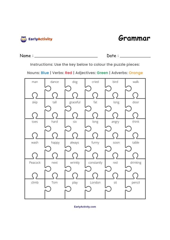 Grammar worksheet with a jigsaw grid of words. Children colour nouns blue, verbs red, adjectives green and adverbs orange.