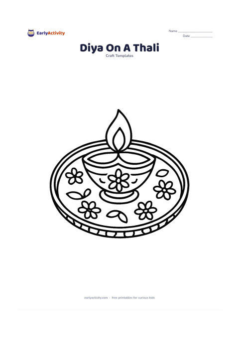 Worksheet: A decorated diya sits in the center of a round Indian thali with flower petals, small leaf shapes, and a patterned rim around the plate.