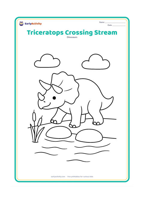 Colouring page: A triceratops carefully stepping across a narrow, shallow stream using two large stepping stones. Add a few simple reeds and rounded clouds.