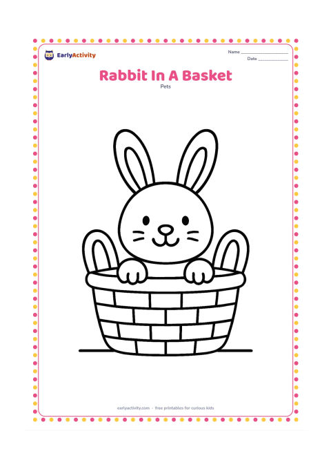 Colouring page: A happy rabbit sits inside a low open basket, with its head, ears and front paws above the rim. Add two large handles and a simple floor line.