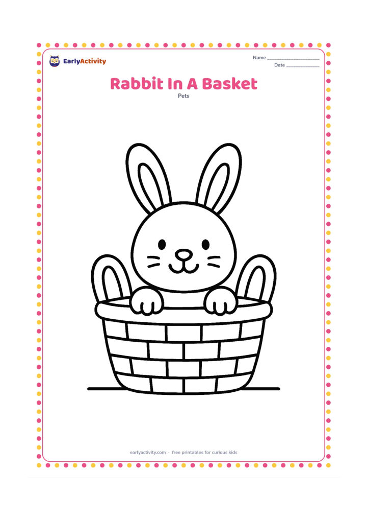 Colouring page: A happy rabbit sits inside a low open basket, with its head, ears and front paws above the rim. Add two large handles and a simple floor line.