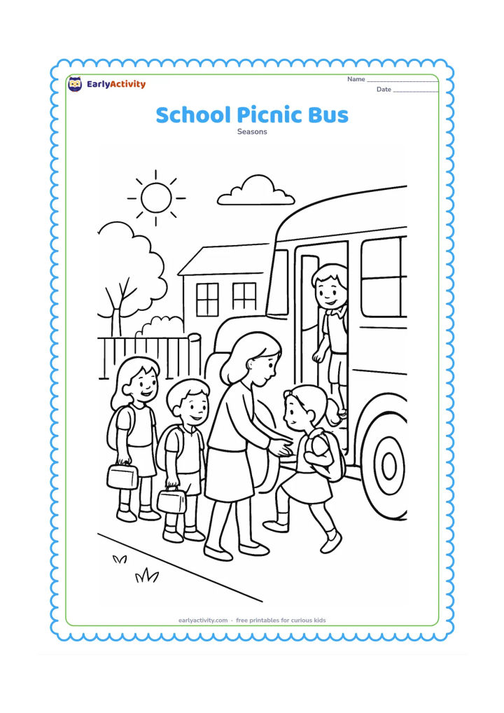 Colouring page: Several children with school bags board a bus parked outside school while an adult helps one child step up. Show trees, a gate, lunch bags and a sunny sky; keep the bus completely unmarked.