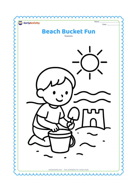 Colouring page: A young child kneels on a sandy beach beside a large bucket and shovel, with a simple sandcastle, a wide sun and two gentle waves behind them.