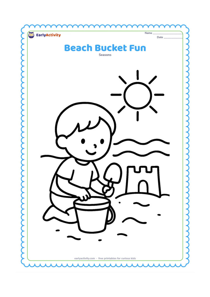 Colouring page: A young child kneels on a sandy beach beside a large bucket and shovel, with a simple sandcastle, a wide sun and two gentle waves behind them.