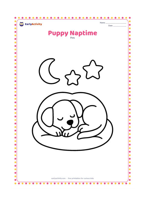 Colouring page: Draw a curled-up puppy sleeping on a simple cushion, with its tail tucked near its nose. Add a small crescent moon and two large rounded stars in the background without any facial…