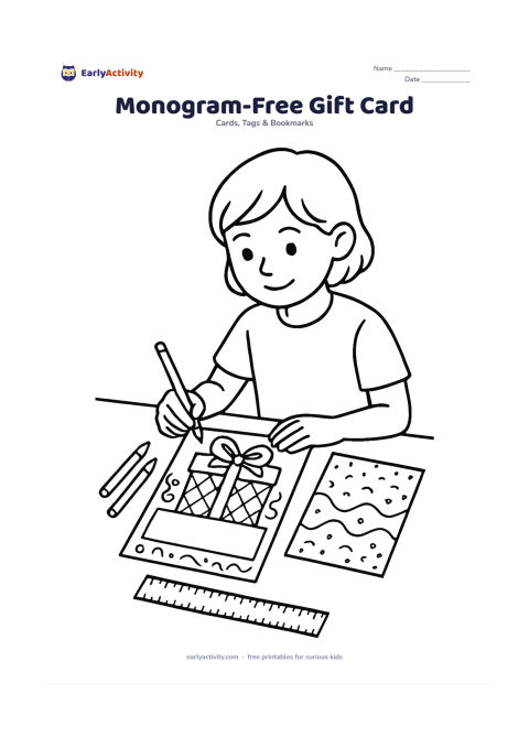Worksheet: Show an older child designing a birthday card with a large gift illustration, patterned wrapping, ribbon curls and a wide blank area for the recipient's name and greeting. Place the card…