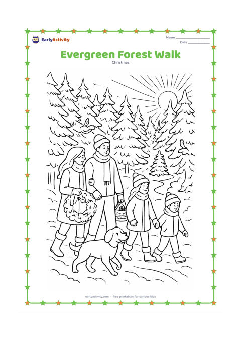 Colouring page: A family walks through an evergreen forest carrying a wreath and a basket of pinecones toward a small Christmas tree clearing. Include a friendly dog, a winding path, snowy branches,…