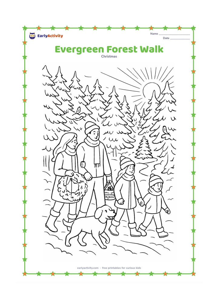 Colouring page: A family walks through an evergreen forest carrying a wreath and a basket of pinecones toward a small Christmas tree clearing. Include a friendly dog, a winding path, snowy branches,…