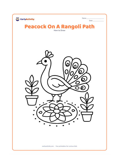 Worksheet: A standing peacock is framed by a simple unfilled rangoli of dots and petals on the ground, with two potted plants on either side. The bird has a curved neck, crest and broad patterned tail.