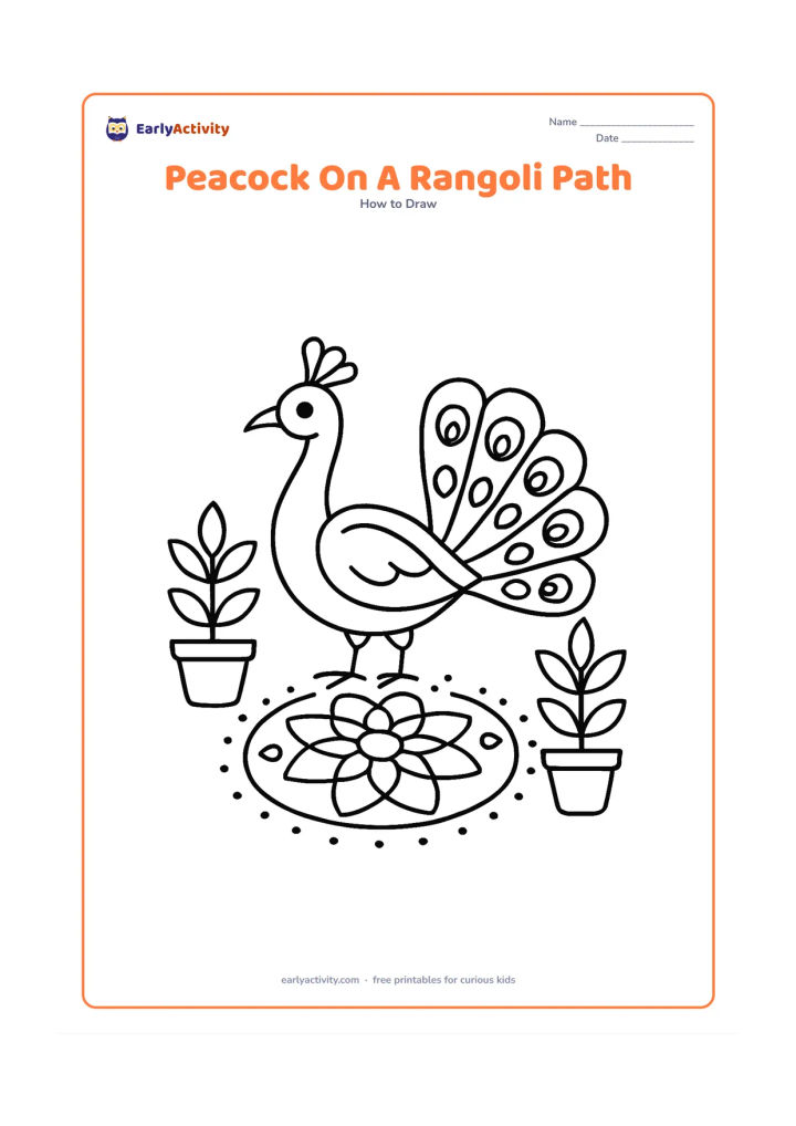 Worksheet: A standing peacock is framed by a simple unfilled rangoli of dots and petals on the ground, with two potted plants on either side. The bird has a curved neck, crest and broad patterned tail.