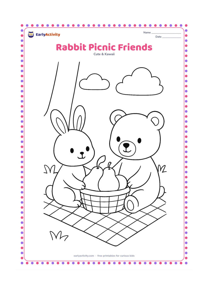 Colouring page: A rabbit and a bear sit together on a picnic blanket, sharing a basket of three large fruits. Add a tree trunk, two clouds and a few broad grass shapes behind them.