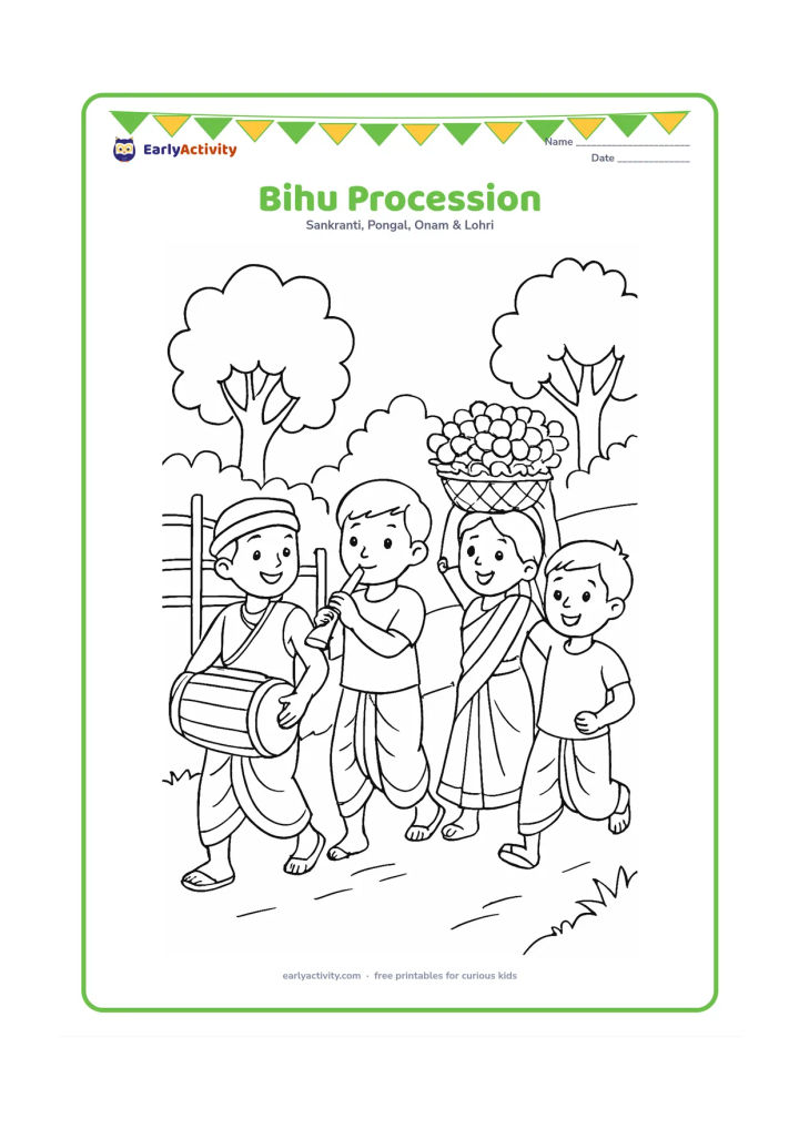 Colouring page: Draw a small group of children walking in a joyful Bihu procession, including a dhol player, a pepa player, and a child carrying a flower basket. Place them on a village lane with bamboo…