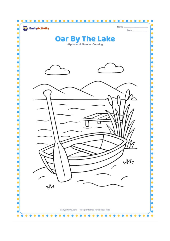 Colouring page: Draw a wooden oar leaning beside a small boat pulled onto a lakeside bank, with reeds, a simple dock and distant hills. Include a few broad water curves and no writing on the boat.