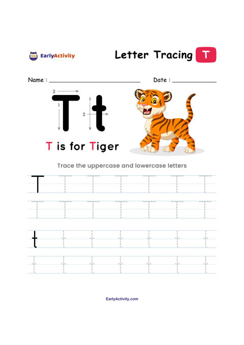 Tracing worksheet showing uppercase and lowercase T, the words “T is for Tiger,” and a tiger illustration.