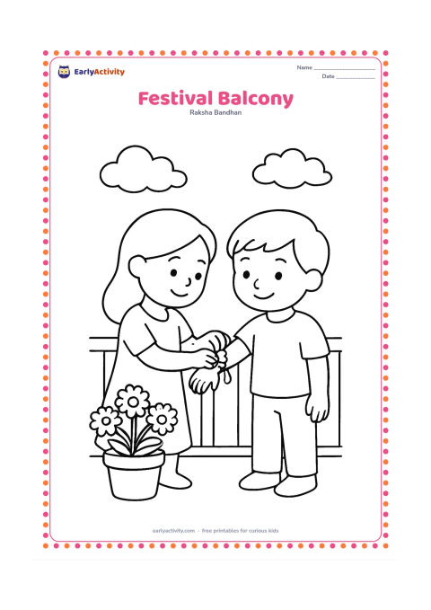 Colouring page: Two siblings stand on a home balcony, one tying a large rakhi on the other's wrist. Include a simple railing, potted marigolds, and a bright open sky with a few clouds.