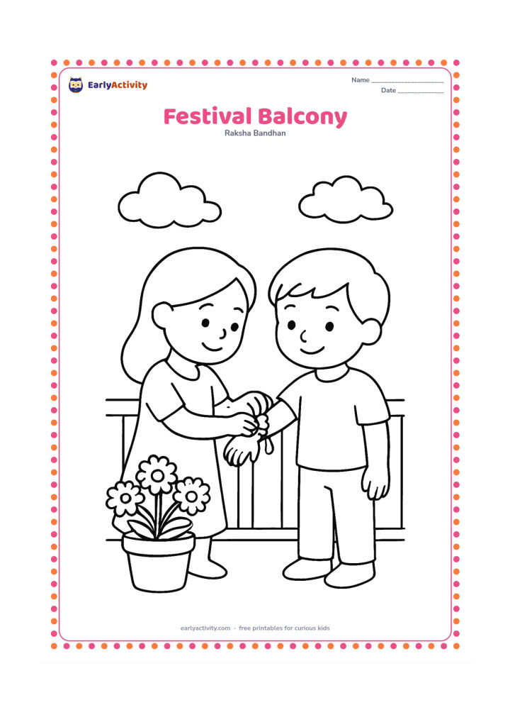 Colouring page: Two siblings stand on a home balcony, one tying a large rakhi on the other's wrist. Include a simple railing, potted marigolds, and a bright open sky with a few clouds.