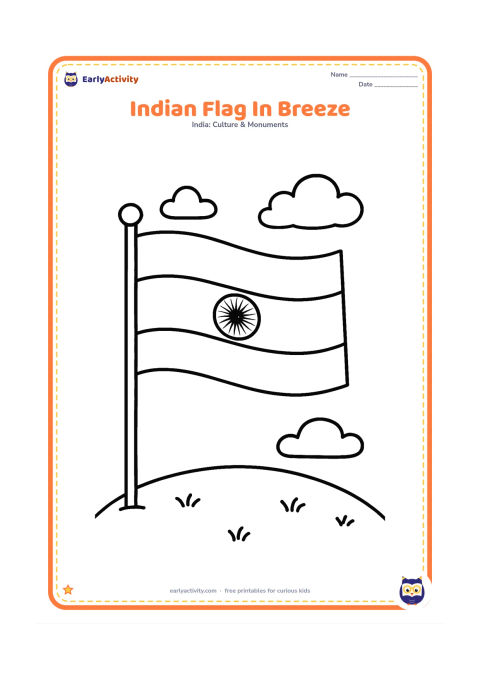 Colouring page: Draw a large Indian national flag on a simple flagpole, waving above a small grassy hill with two clouds. Keep the three horizontal bands and central Ashoka Chakra clear without any text.