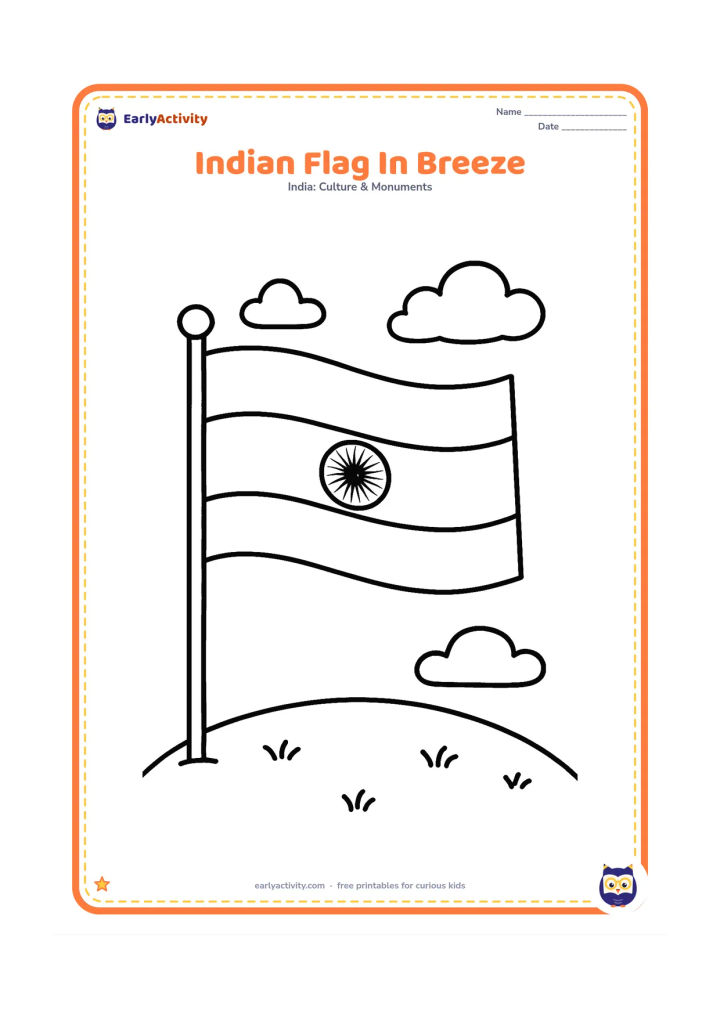 Colouring page: Draw a large Indian national flag on a simple flagpole, waving above a small grassy hill with two clouds. Keep the three horizontal bands and central Ashoka Chakra clear without any text.