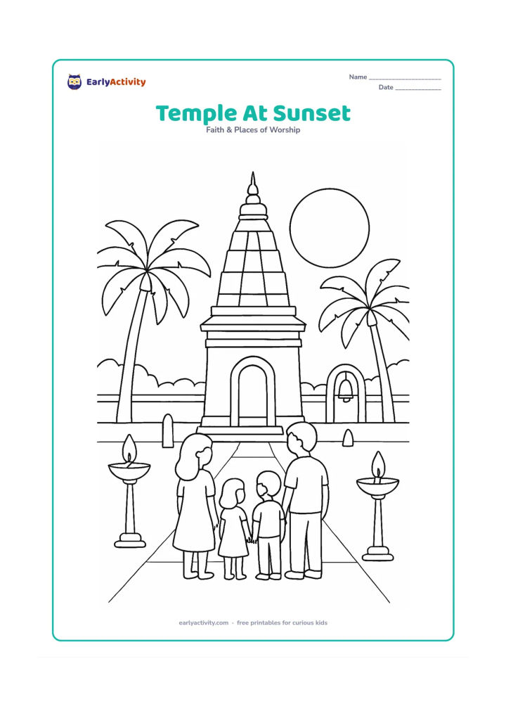 Colouring page: A temple courtyard at sunset with a tall central tower, a large round sun, long shadows, two lamps and a family standing quietly near the entrance. Include palm trees, a low wall and a bell.