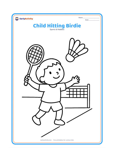 Colouring page: Draw a child making a gentle underarm hit with a badminton racket toward a large shuttlecock. Add a short net and two simple court lines in the background.