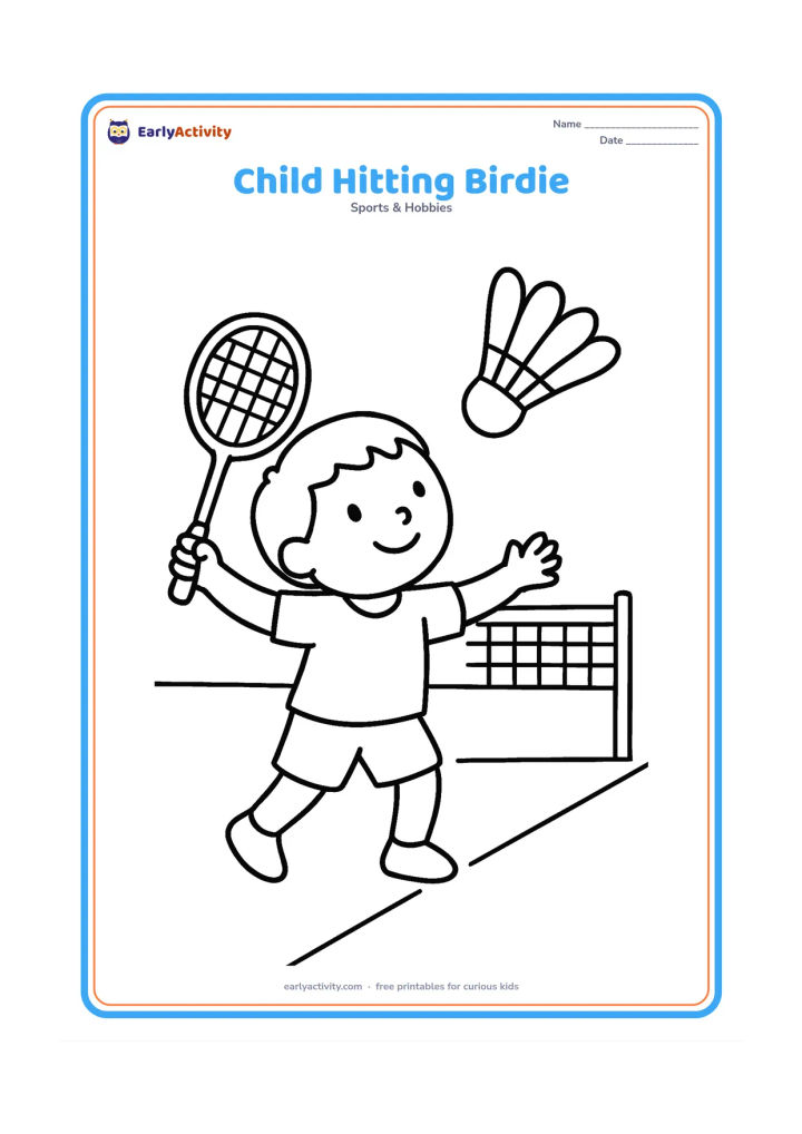Colouring page: Draw a child making a gentle underarm hit with a badminton racket toward a large shuttlecock. Add a short net and two simple court lines in the background.