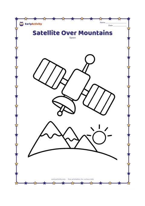 Colouring page: Show a simple satellite floating above Earth's curved horizon, with broad mountain peaks and a small sun below it. Give the satellite two large solar panels and one clear antenna.