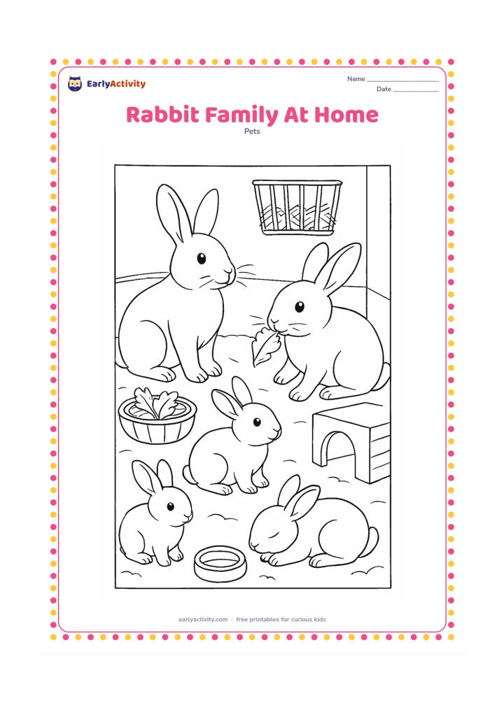 Colouring page: Two adult rabbits and three kits gather in a safe indoor pen with a hay rack, leafy greens, water bowl, wooden hideaway and soft bedding. Show the rabbits sitting, nibbling and resting…