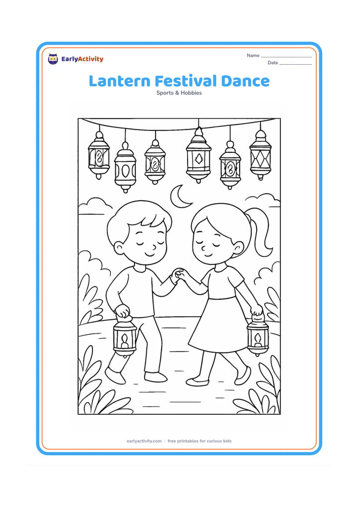 Colouring page: Draw two children performing a gentle paired dance at dusk, each holding a small lantern. Add rows of plain hanging lanterns, a courtyard floor and leafy plants.