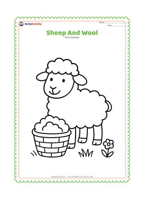 Colouring page: A friendly sheep stands beside a large basket holding a loose wool bundle, with grass and one small flower nearby. Show the sheep's thick wool clearly without adding tools or text.