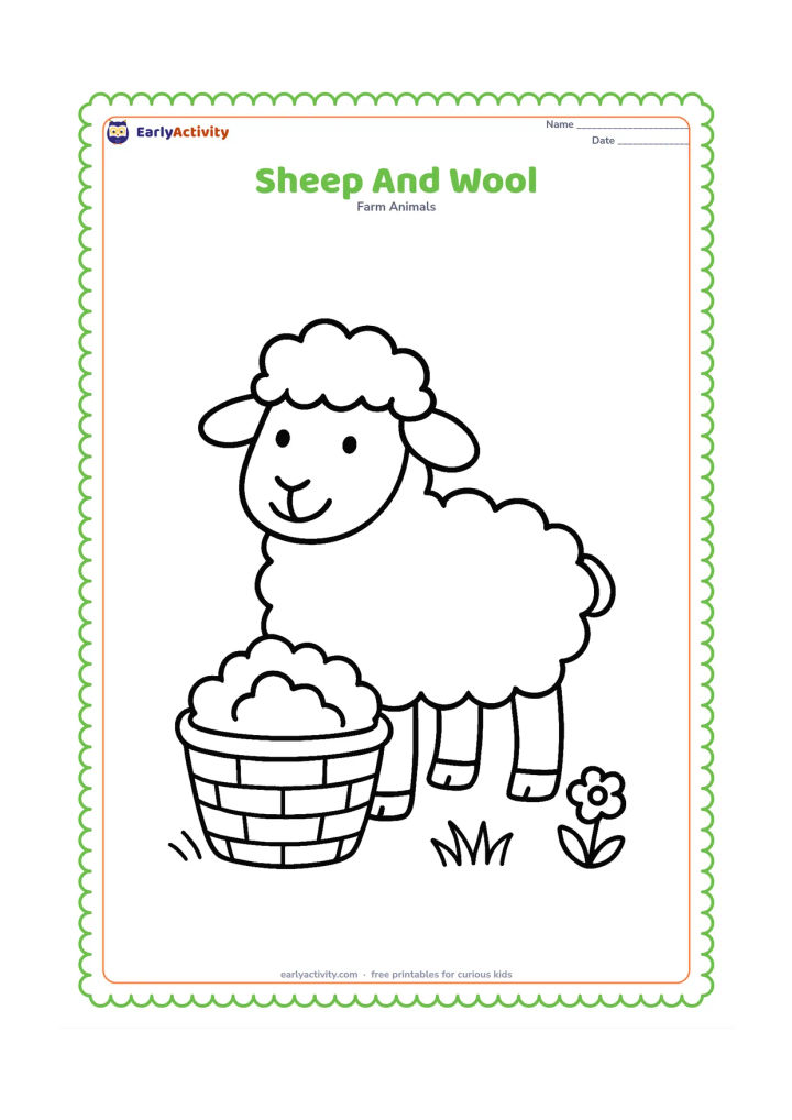 Colouring page: A friendly sheep stands beside a large basket holding a loose wool bundle, with grass and one small flower nearby. Show the sheep's thick wool clearly without adding tools or text.