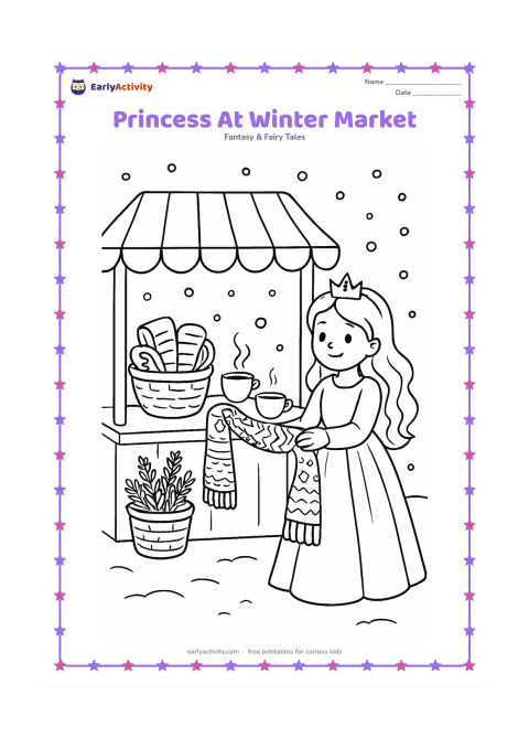 Colouring page: Draw a princess choosing a warm scarf at a friendly outdoor market stall. Include a canopy, baskets, evergreen branches, steaming cups, and softly falling snow.